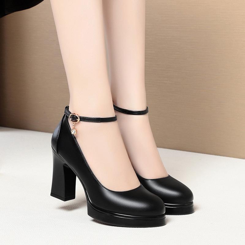 Fashion Middle-Aged And Elderly Model Catwalk Shoes High Heels One-Button Comfortable Mother Single Shoes Leather Dress Autumn Elegant