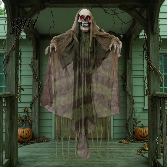 Creepy Doorway Ghost Ornaments Halloween Animatronics Hanging Decoration, Sound Activated Grim Reaper Prop with LED Secret Room Props Glowing Eyes And