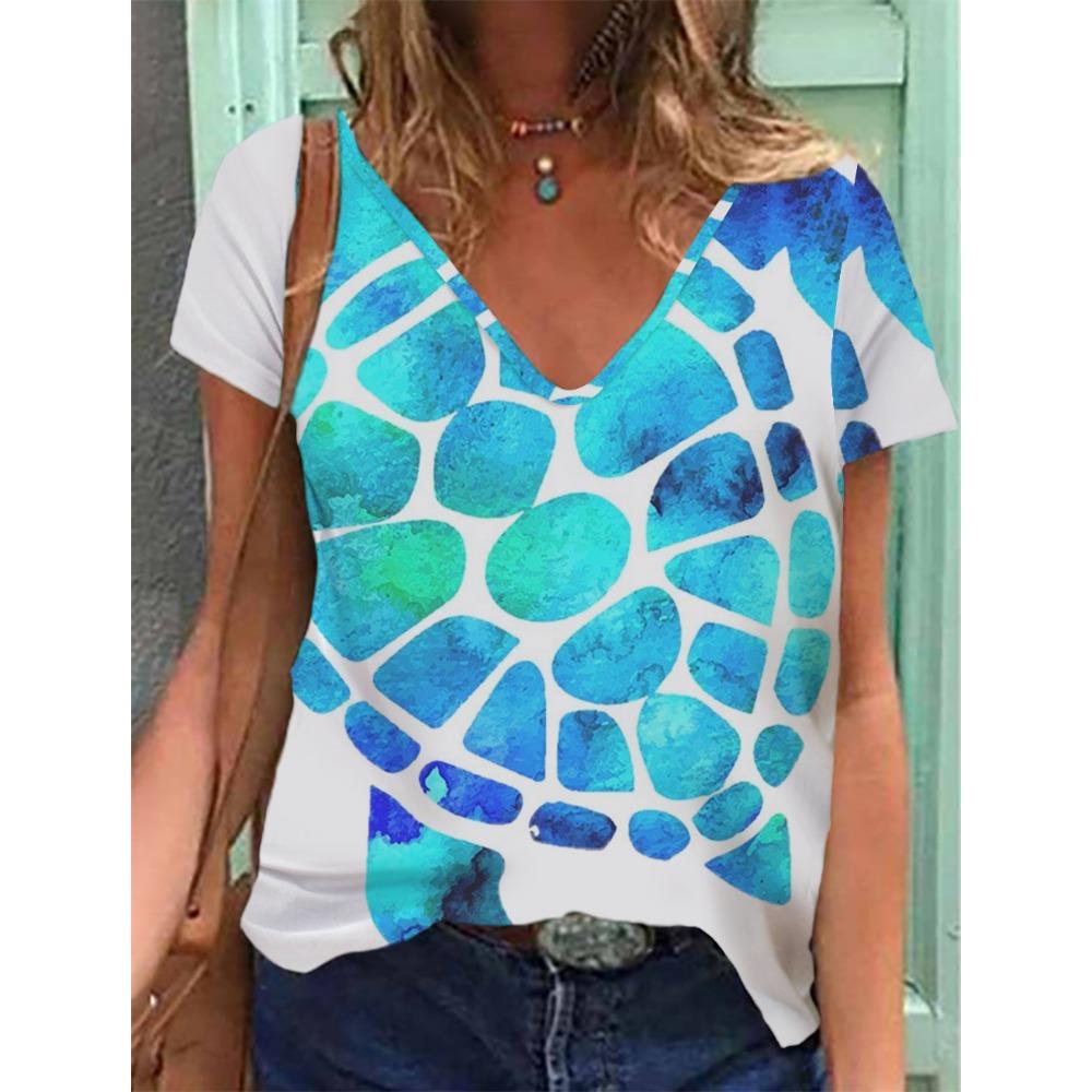 Women's T-shirts Summer Gradient Graphics Tops V Neck Fashion Female Vintage Clothing Floral Print