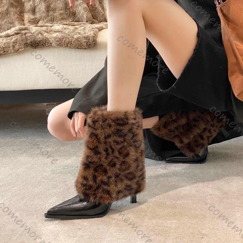 Fashion Comemore Autumn Winter Pointed Sexy Leopard Print Fur Boots for Women Padded Warm Temperament High-heeled Short Bota Feminina