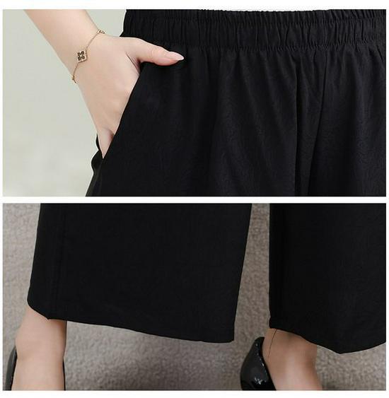 Chinese Style Plus Size Summer Set: 7-Sleeve Top & Wide-Leg Pants for Middle-Aged and Elderly Women