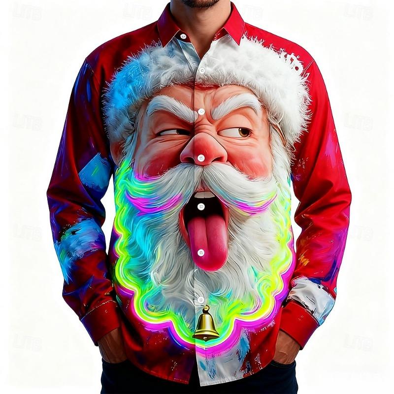 Christmas Men's 3D Santa Claus Printed Long Sleeve Shirt Polyester Lapel Formal Casual Shirt Autumn and Winter All-match Tops