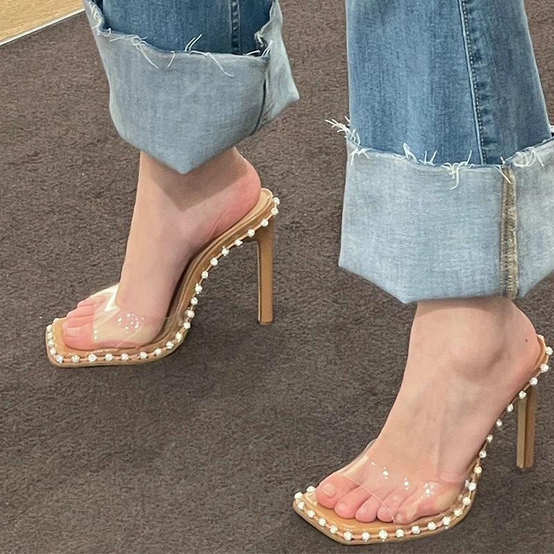 High Heels! Square Head Rhinestone Clear Line Sandals With Open Toe And Nude Slippers