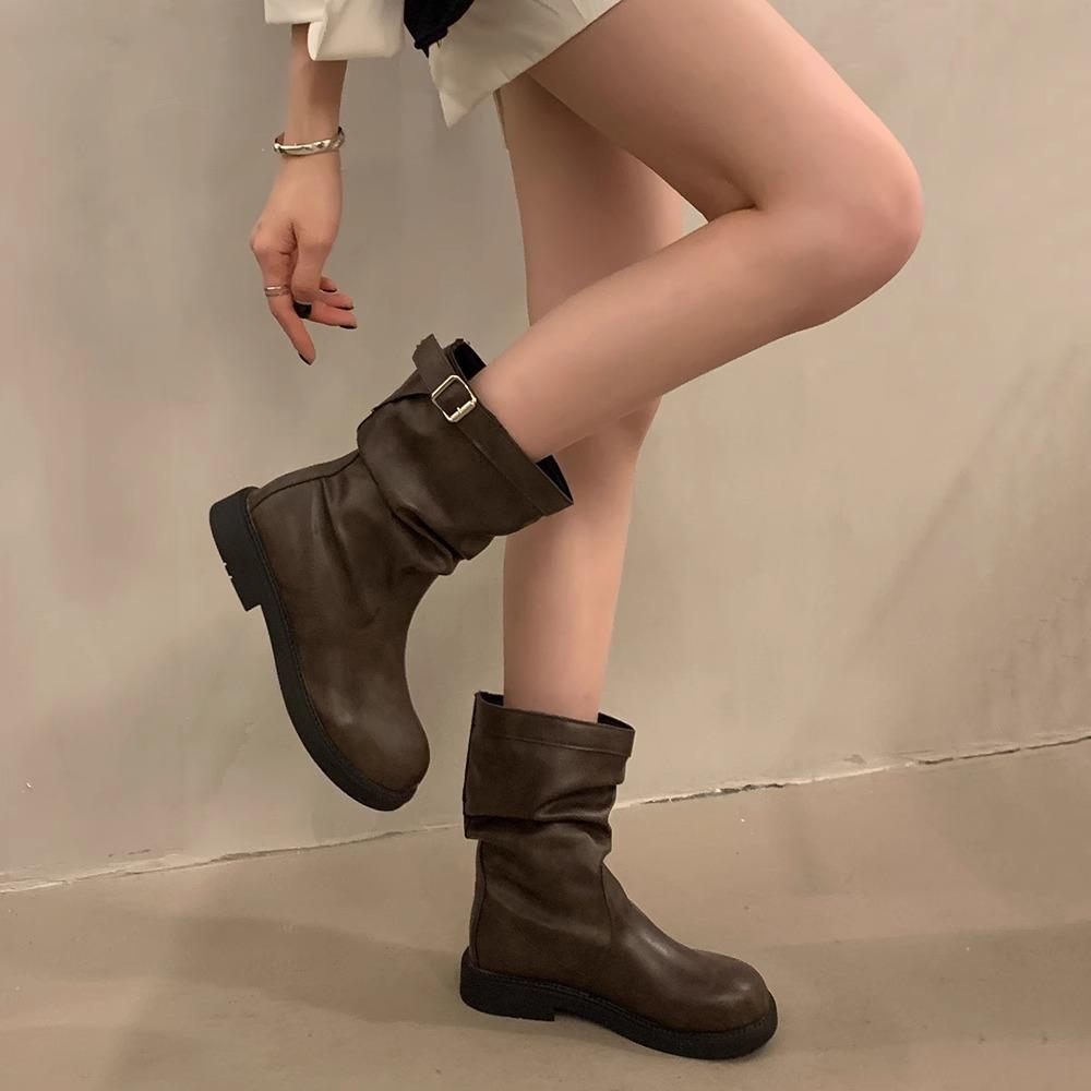Botas Medianas de Lujo para Mujer de Primavera y Otoño Estilo Británico Retro Versátiles Casuales Botines Exquisitos Moda Zapatos de Mujer