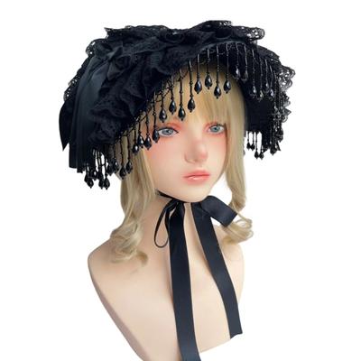 Gorro de estilo victoriano con lazo de encaje y cinta ajustable para atar, sombrero de moda para mujer para eventos de anime
