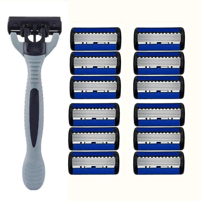 

Мужская ручная бритва, безопасная бритва, 6-слойный нож для удаления волос из нержавеющей стали, сменная головка бритвы, бритвенные инструменты.