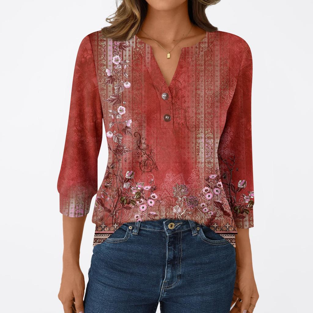 Damska Moda Casual Koszulka z Rękawem 3/4 Nadruki Dekolt w Serek Guziki