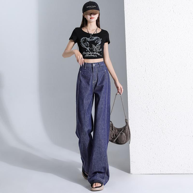 Retro Denim Blue High Waist Denim Wide-leg Pants for Women In Summer Thin Draping and Slimming Design Straight-leg Pants