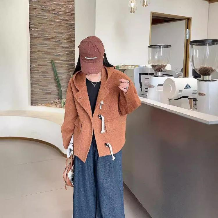 Double Sided Wool Coat Short Woolen Coat Horn Button for Small People Autumn Winter New S