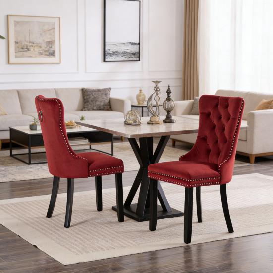 Classic Velvet Dining Chairs, High-end Tufted Solid Wood Contemporary Velvet Upholstered Dining Chair with Wood Legs, Set of 2, Wine