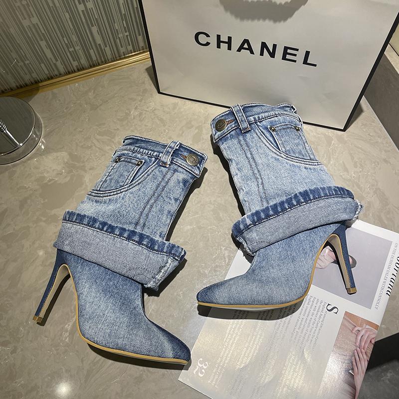 Fashion 2025 Women's Autumn/Winter Denim Fine High Heel Skirt Boots Fashion Pointed Large Women's Four Seasons Short Boots
