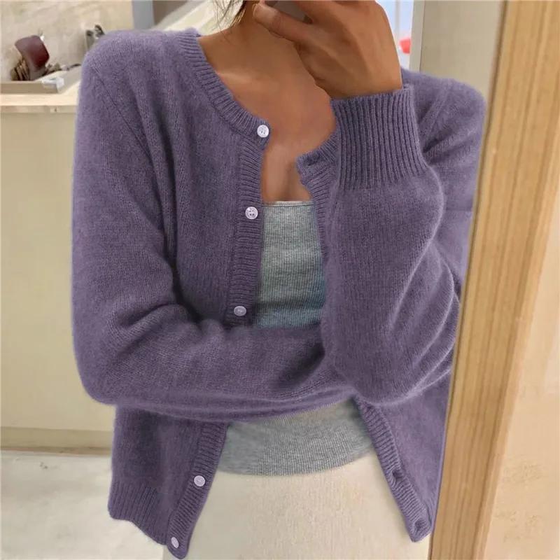 Cardigan lavorato a maglia tinta unita per donna, coreano, monopetto, a maniche lunghe, con scollo rotondo, coordinato, cardigan da donna