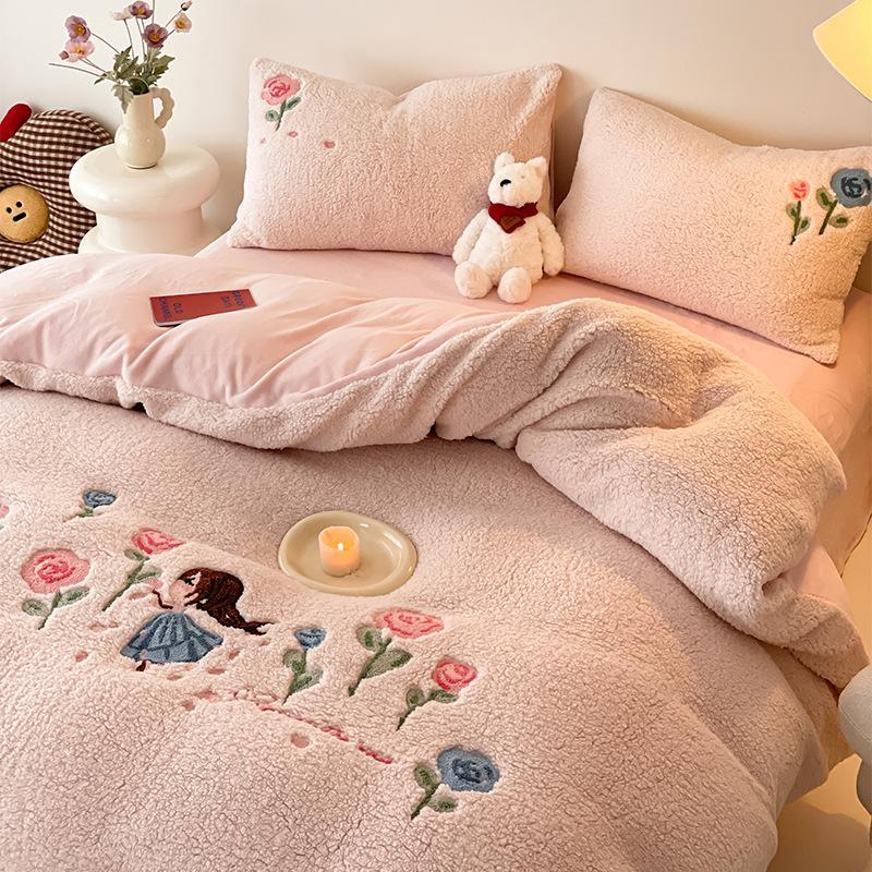 Cartoon Lamb Fleece Four-Piece Set Thickened Milk Fleece Bed Sheet Quilt Cover Coral Fleece Fleece Bedding