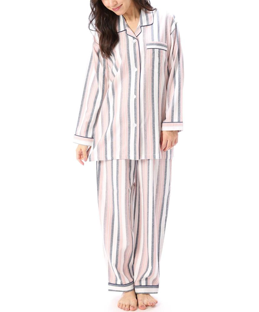 ON NISHIKI Long Sleeve Top and Bottom Viyella Long Loungewear with Navy Women's Pajamas, 100% Cotton, Front-Opening, Set, Spring/Autumn, Skin-Friendly