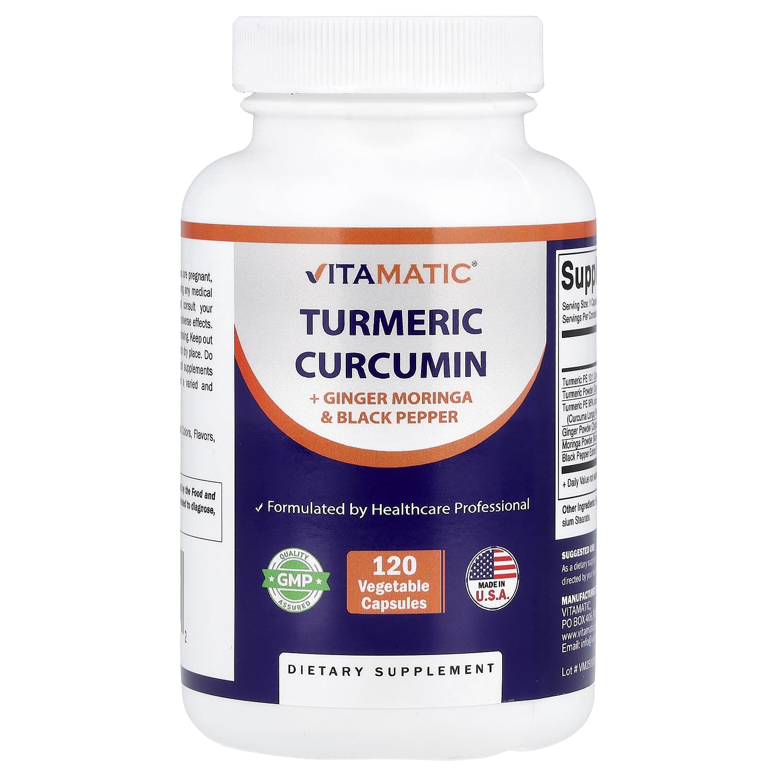 

Vitamatic, Turmeric Curcumin + Ginger, Moringa, and Black Pepper, 120 Veggie Capsules