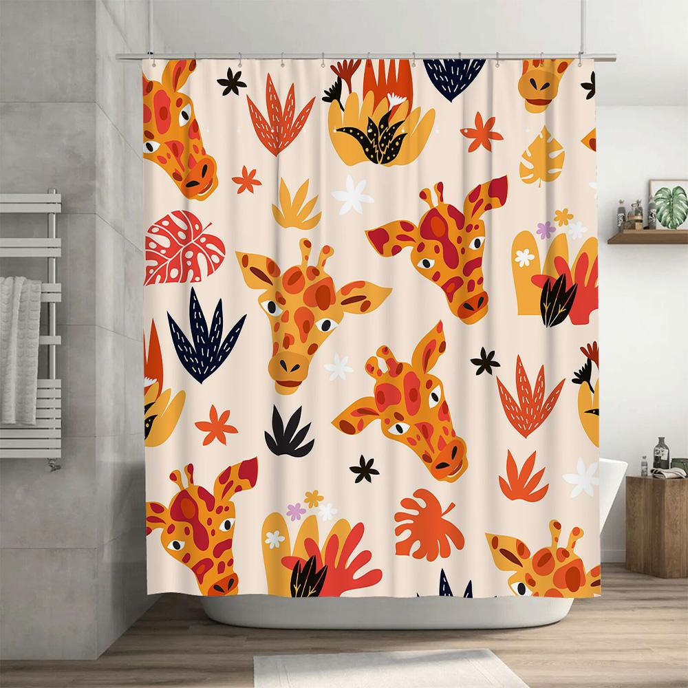 Animal Print Shower Curtain Giraffe Pattern Bathroom Decor Flower Design Fabric Waterproof Home Decoration