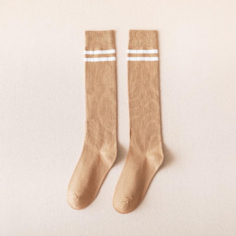 Women's Two-Stripe High Knee Cotton Socks - Black (Spring, Autumn, Winter Fashion)