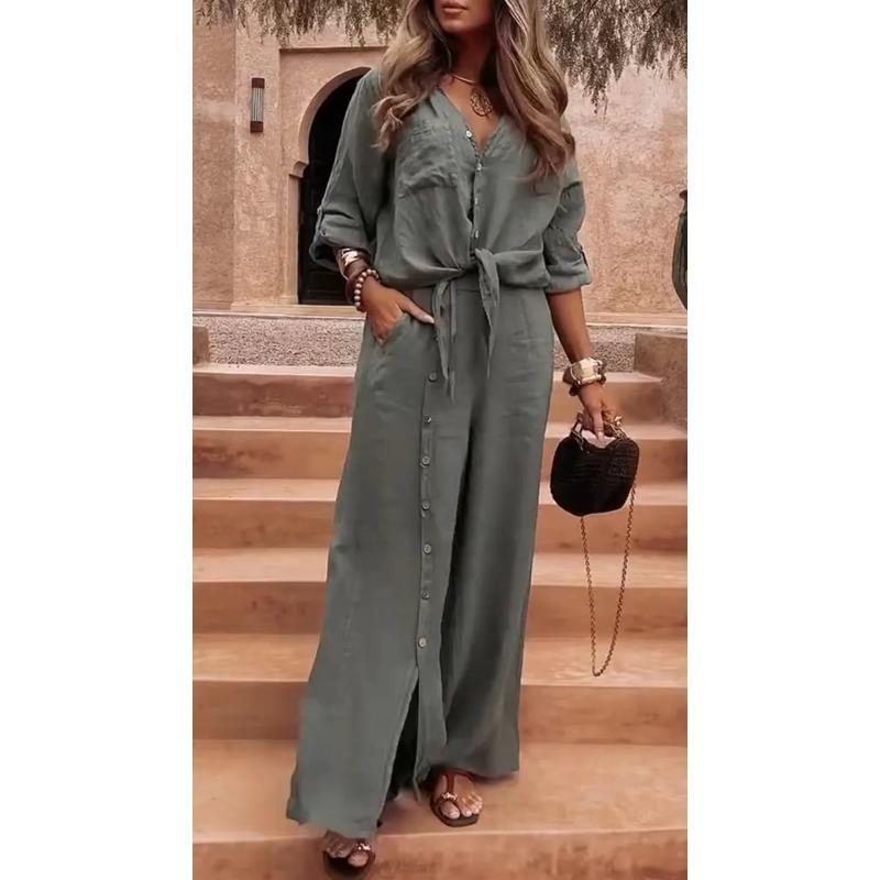 Moda Casual para Mujer Primavera Otoño Color Sólido Estampado Manga Larga Cuello en V Pantalones Trajes