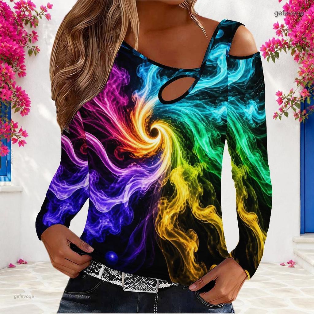 Women Plus Size Asymmetric Cutout Neck Cold Shoulder Long Sleeve Galaxy Printed Fitted Top