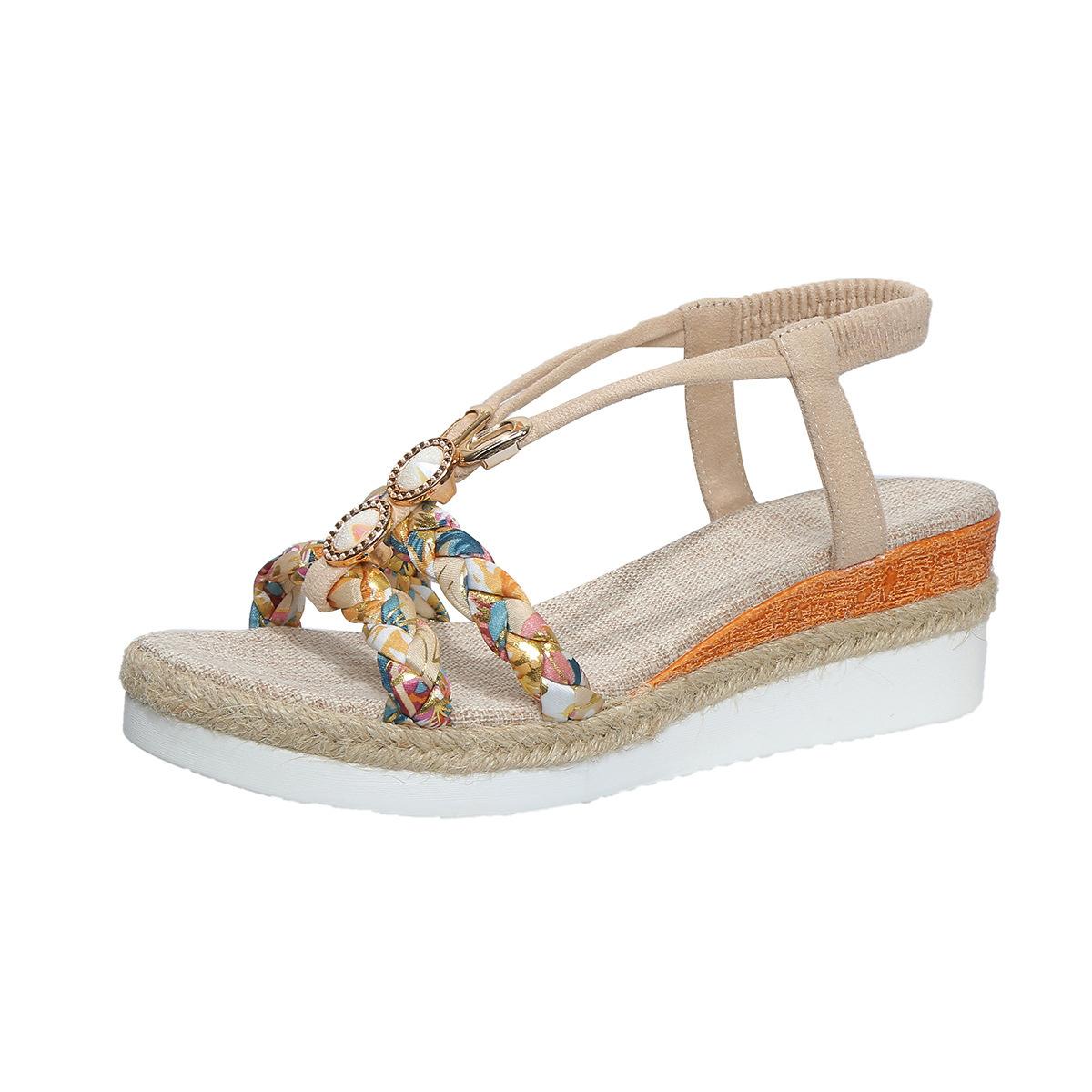 

New foreign trade large size platform sandals women s one-word buckle with transparent gem hemp woven European and American beach sandals women 42