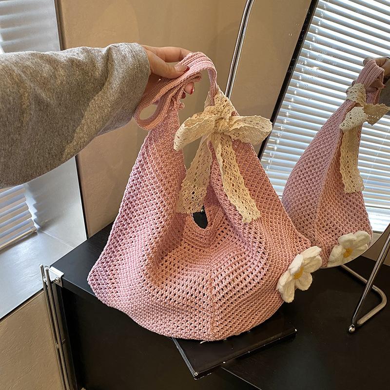 Handmade Crochet Underarm Bag Summer Knitting Women's Shoulder Bag Large Capacity Hollow Out Weaving Beach Bag Mesh Tote Handbag