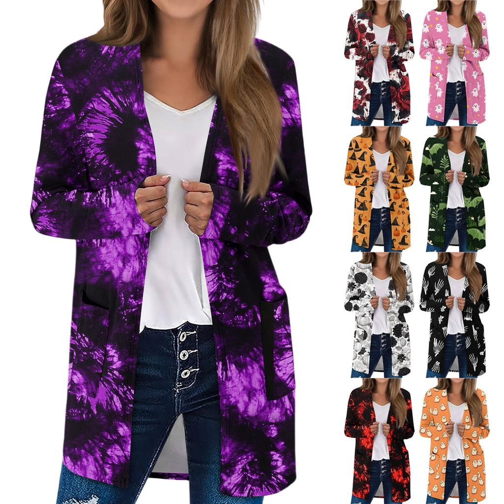 Women's Lightweight Long Sleeve Open Front Cardigans Long Sleeve Lightweight Vintage Printed Coat With Pockets