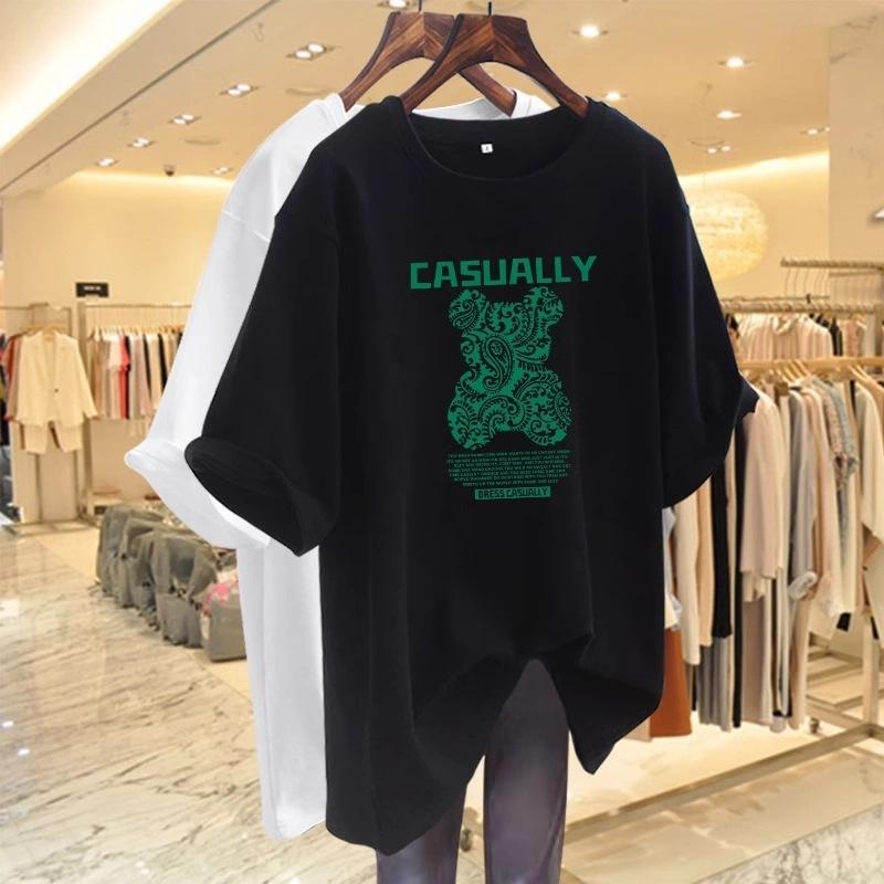 Pure Cotton Bear Print Short Sleeve T-shirt for Women In Summer New Loose Large Size Mid-Length Top for Butt