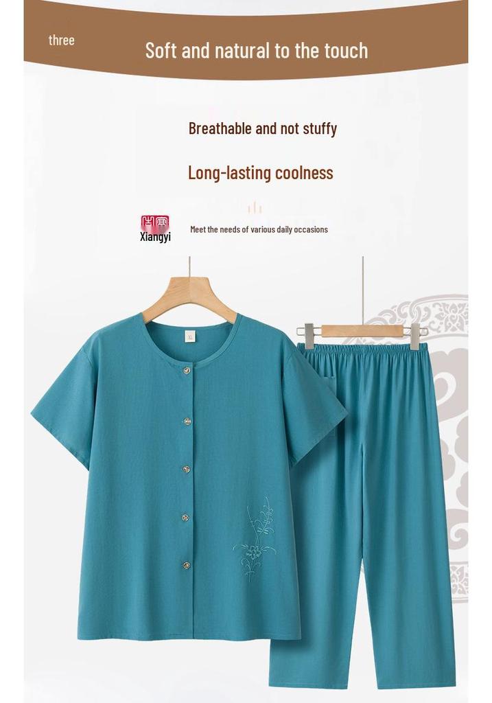 Elegant Two-Piece Summer Set for Middle-Aged and Elderly Women - Short Sleeve Casual Style