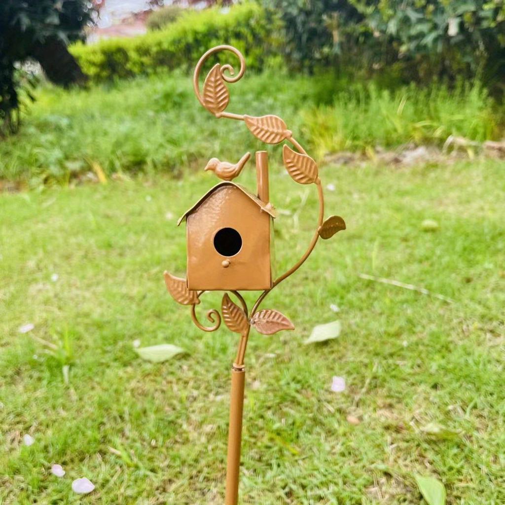 1pc Wrought Iron Art Bird House Shape Outdoor Garden Ground Insert for Outdoor Yard Patio Garden Decoration
