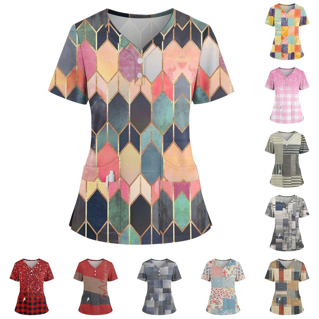 Women's Loose Short Sleeved Fashionable Square Printing V-neck Buttonable Side Slit Top T-shirt