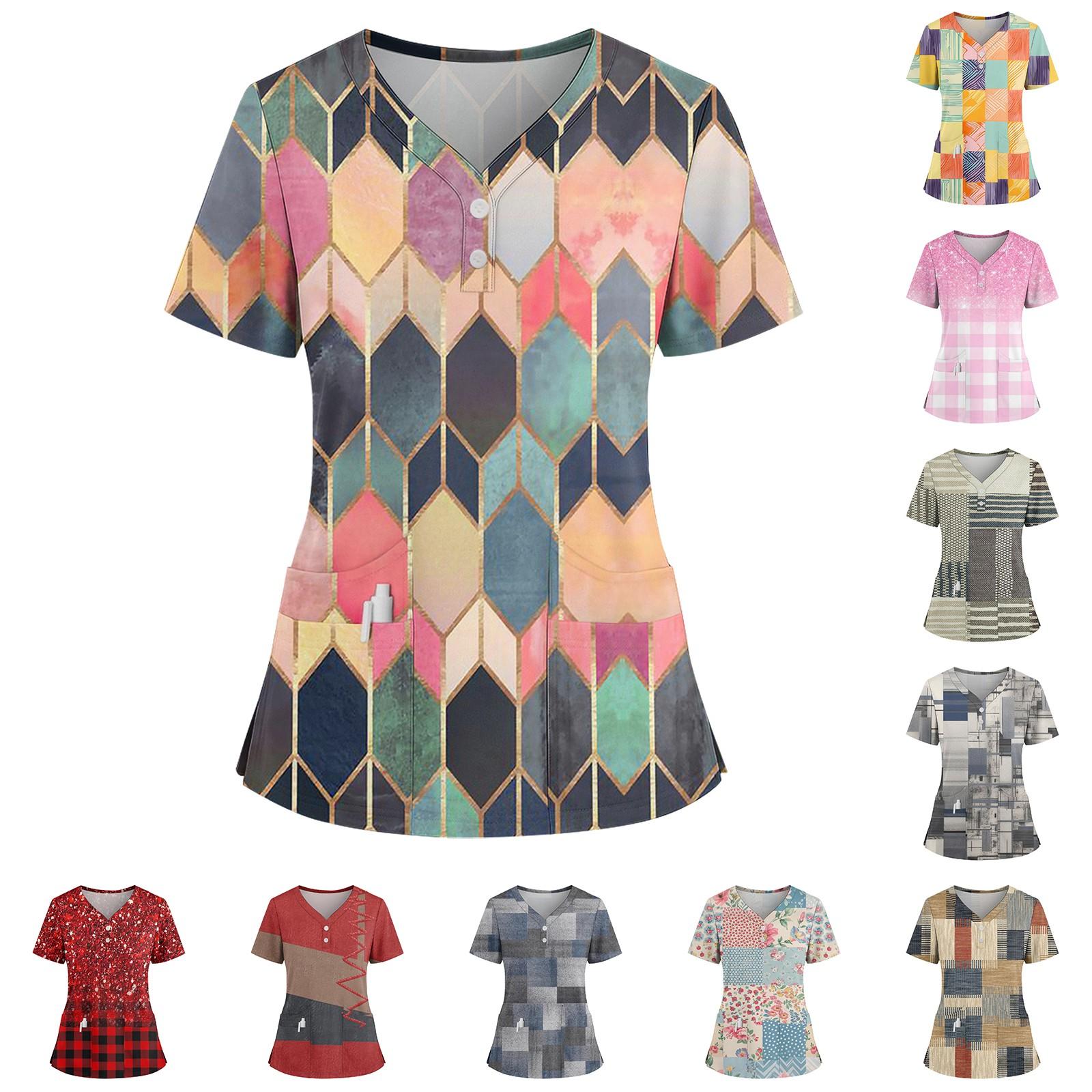 

Women s Loose Short Sleeved Fashionable Square Printing V-neck Buttonable Side Slit Top T-shirt XL