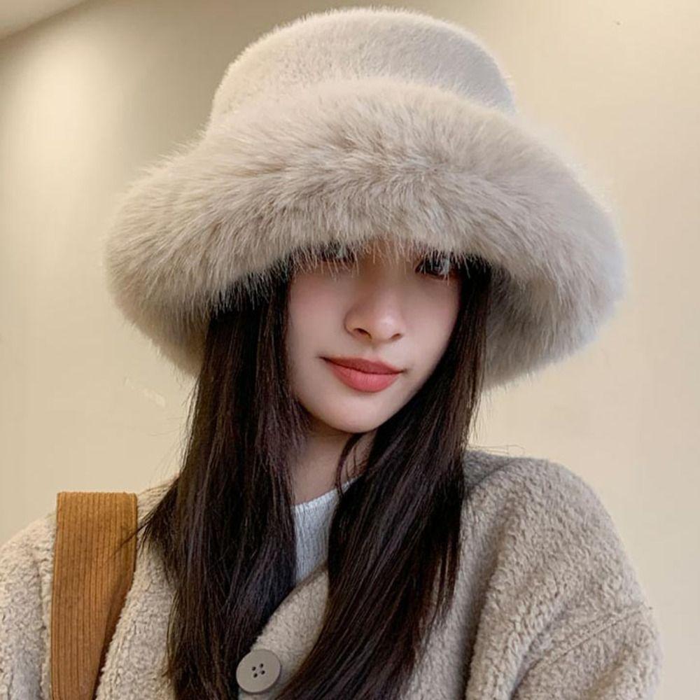 Solid Color Faux Fur Bucket Hat Imitation Fur Luxury Plush Hat Fluffy Fur Fisherman Hat Winter