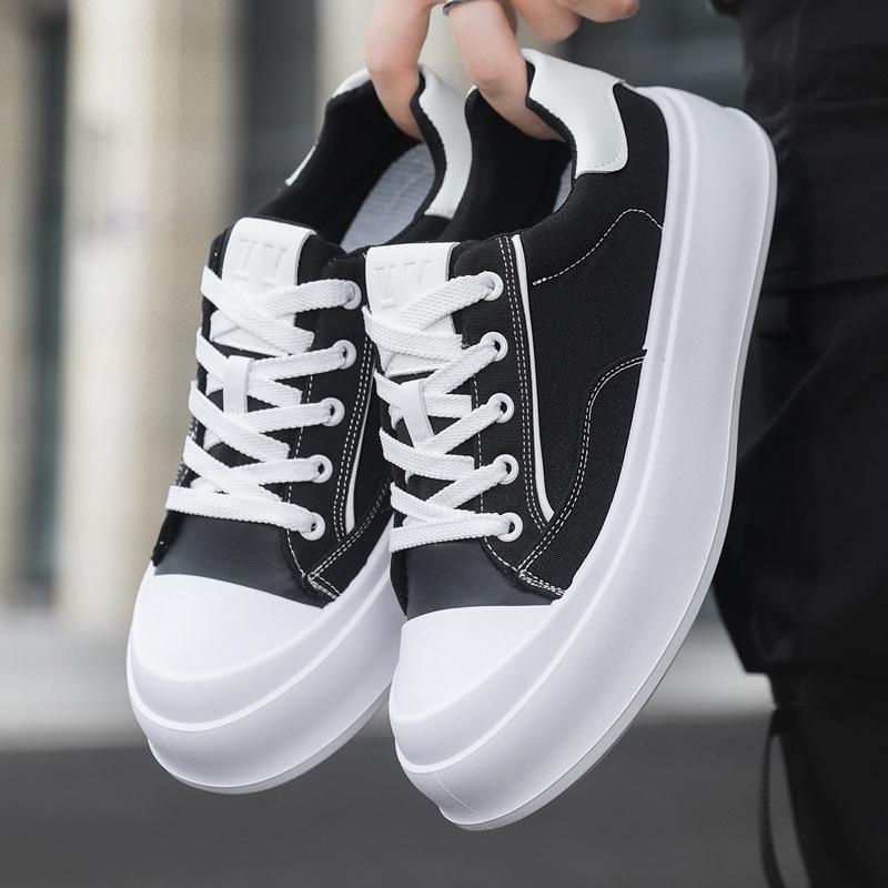 Four Seasons Students Low Top Solid Color Thick-soled Heightening Shoes Men's Korean Version Lace-up Casual Board Shoes Street Canvas Tide Shoes
