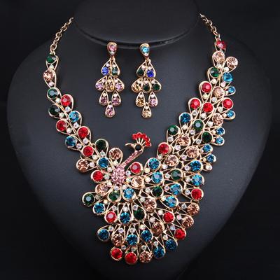 Übertriebenes Temperament Voller Diamanten, Pfau-Halskette, Ohrring-Set, Kleid, Dinnerparty Damenaccessoires