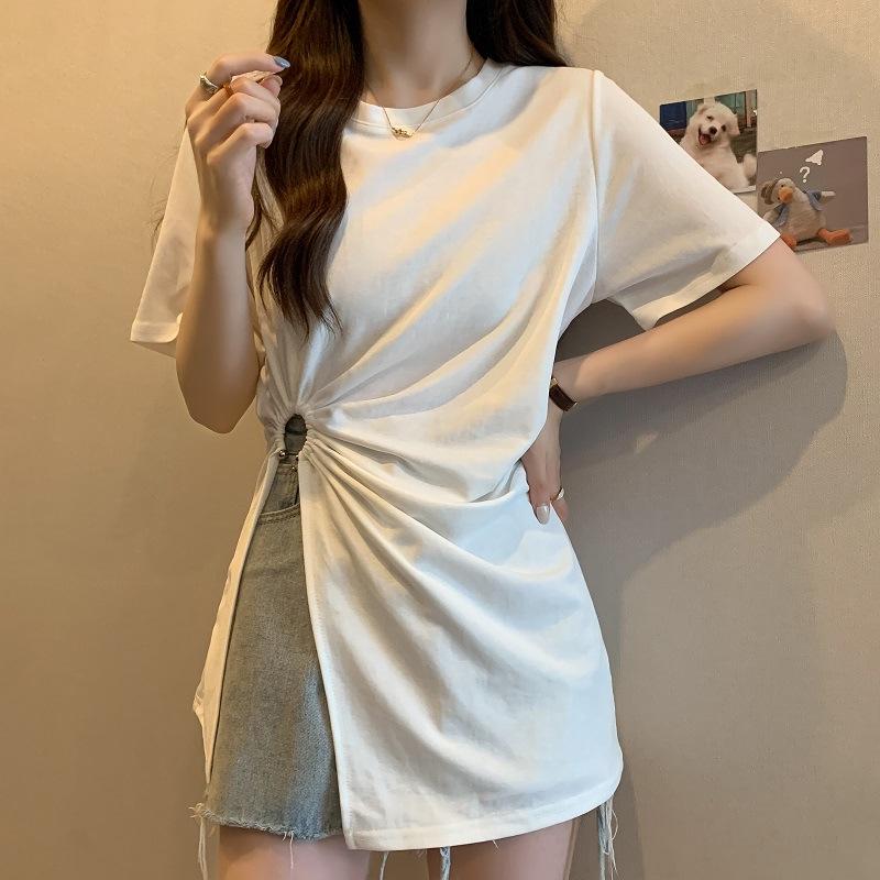 Women's Summer Loose-Fit Cotton T-Shirt with Irregular Slit and Slimming Design
