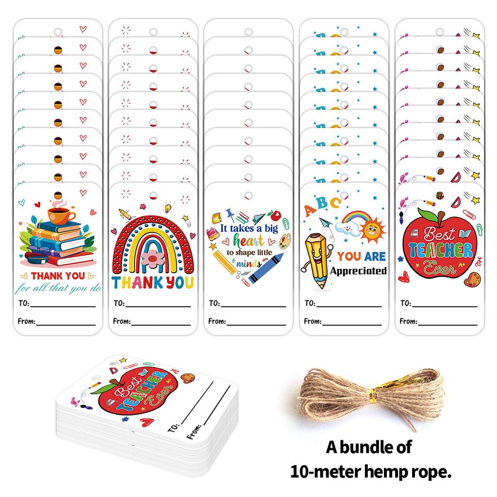 50Pcs Teacher Appreciation Tags with Rope, School Party Decor Gift Labels, Thank You Card Hanging Decorations
