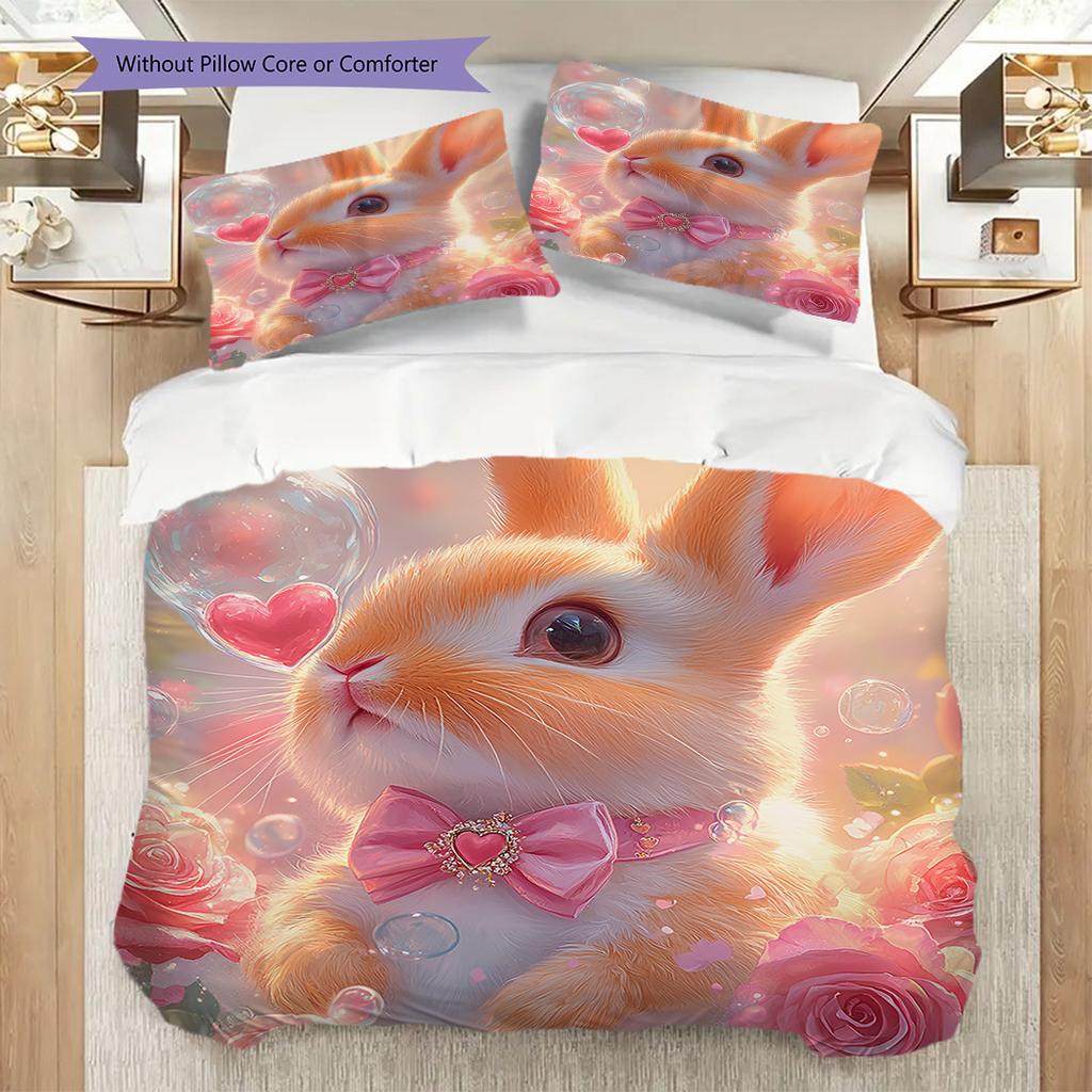 Rabbit Pattern Bedding Quilt Set Quilt Cover Pillowcase Home Decoration Birthday Gift (1 * duvet cover + 2 * pillowcase, without core)