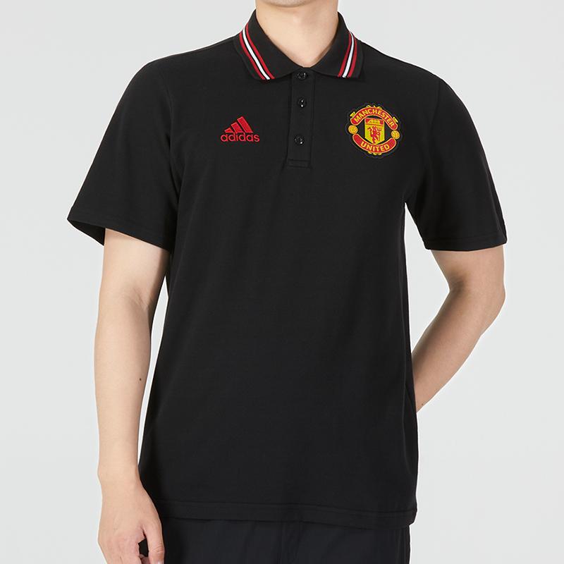 Adidas Manchester United Crest Embroidered Striped Trim Short Sleeve Polo Shirt Men Tops Black HE6664