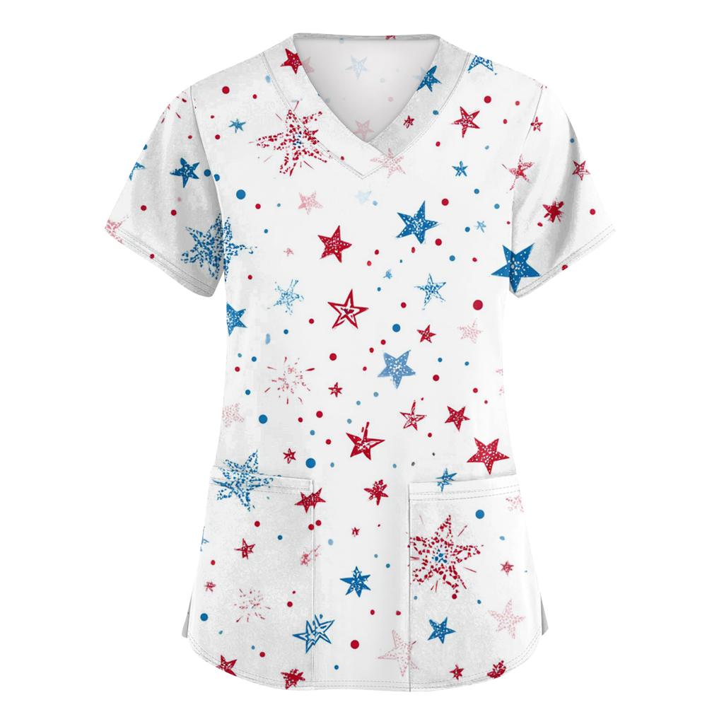 Women's Fashionable V-Neck Short-Sleeved Work Top With Pockets And Independence Day Print  Uniform