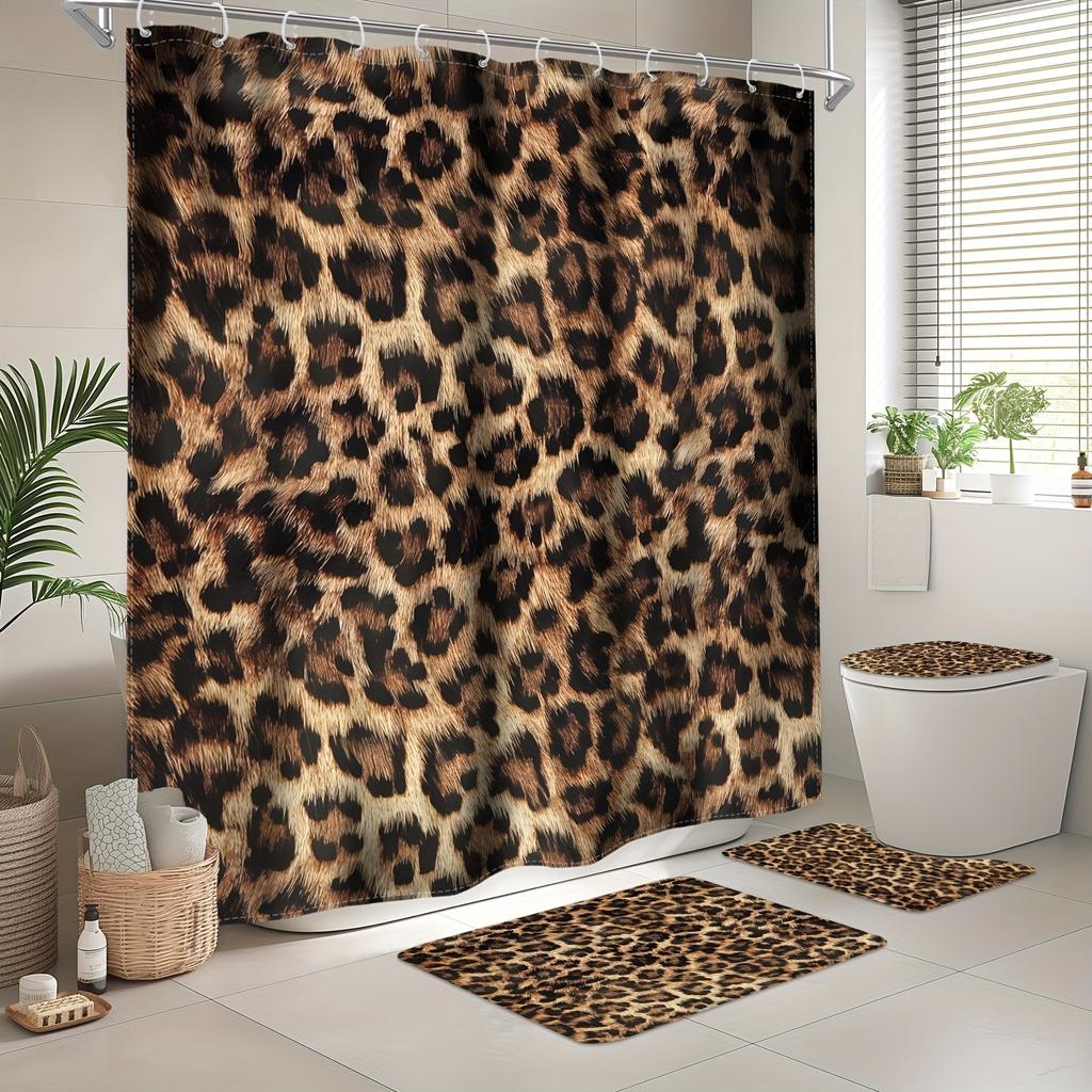 4Pcs Bathroom Shower Curtain Set Leopard Bathroom Curtain With 12 Hooks Non Slip Rugs Toilet Cover Mat Bathroom Partition