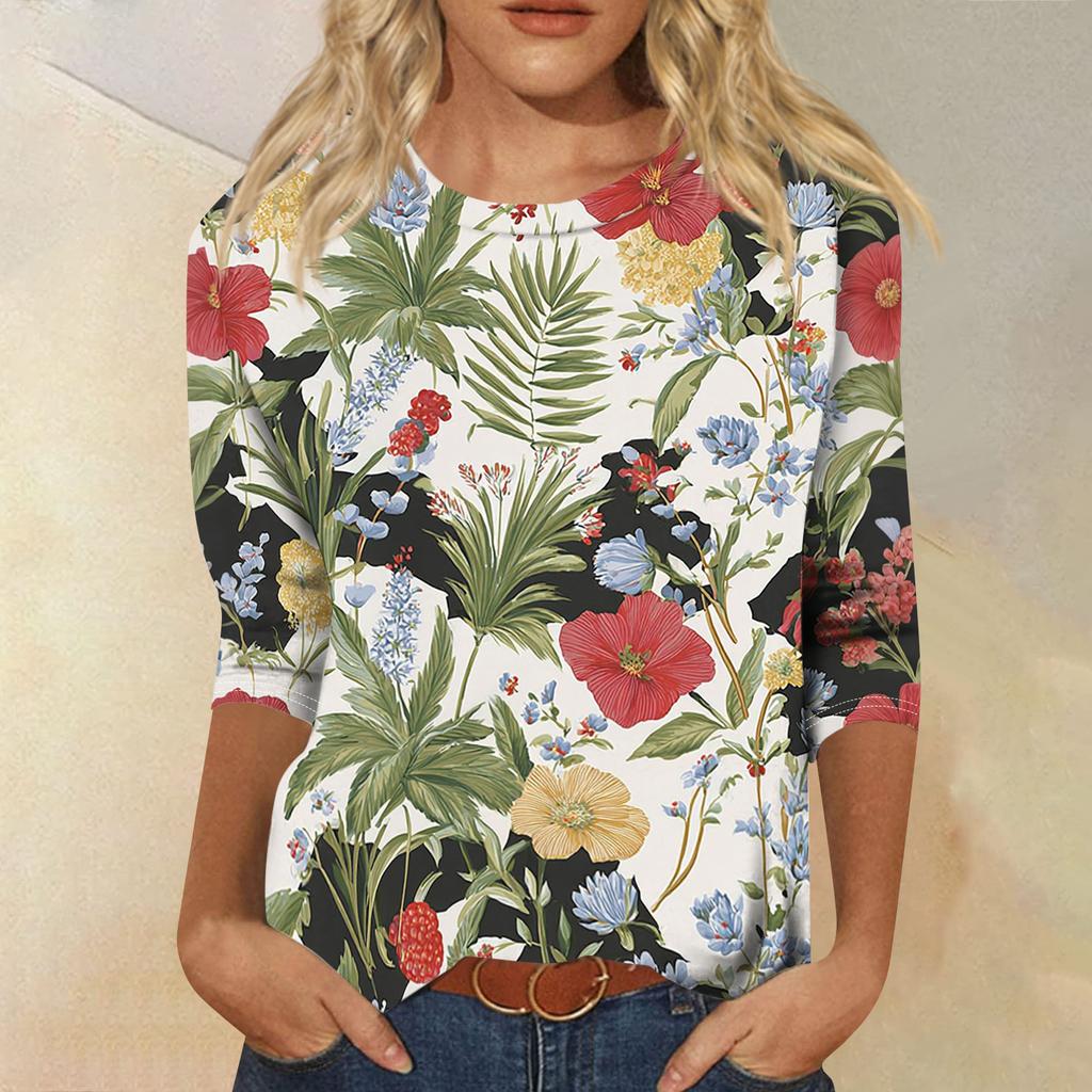 Women's Fashionable Casual Round Neck Three-Quarter Sleeve Printed T-Shirt Top