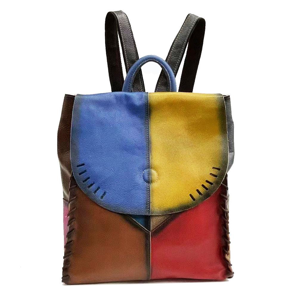Backpack Leather Women'S Bag Fashion Splicing Colored Cowhide Backpack Women'S Casual Bag School Bag