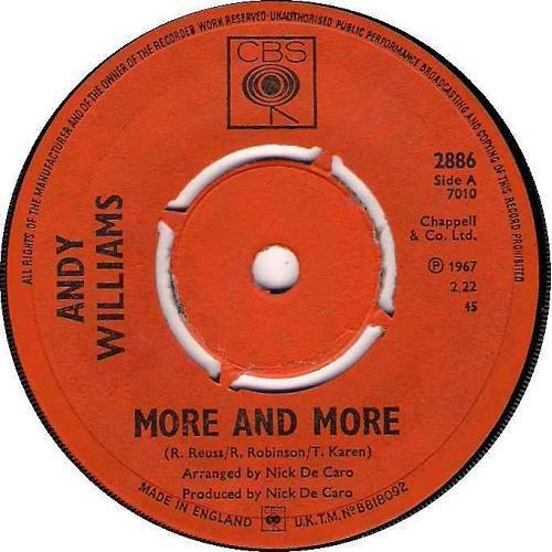 

7inch Record ANDY WILLIAMS - More And More 2886 CBS 1967 UK Pop Used