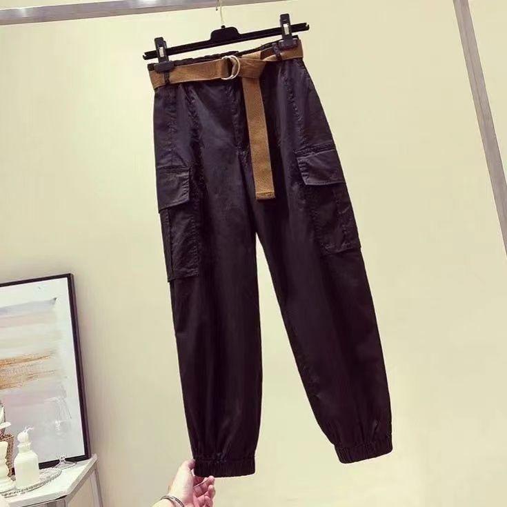 

Женская одежда Весна Лето Повседневная уличная одежда Карманы Брюки-карго Женские брюки с высокой талией Однотонные свободные брюки Y2K Комбинезоны XS чёрный