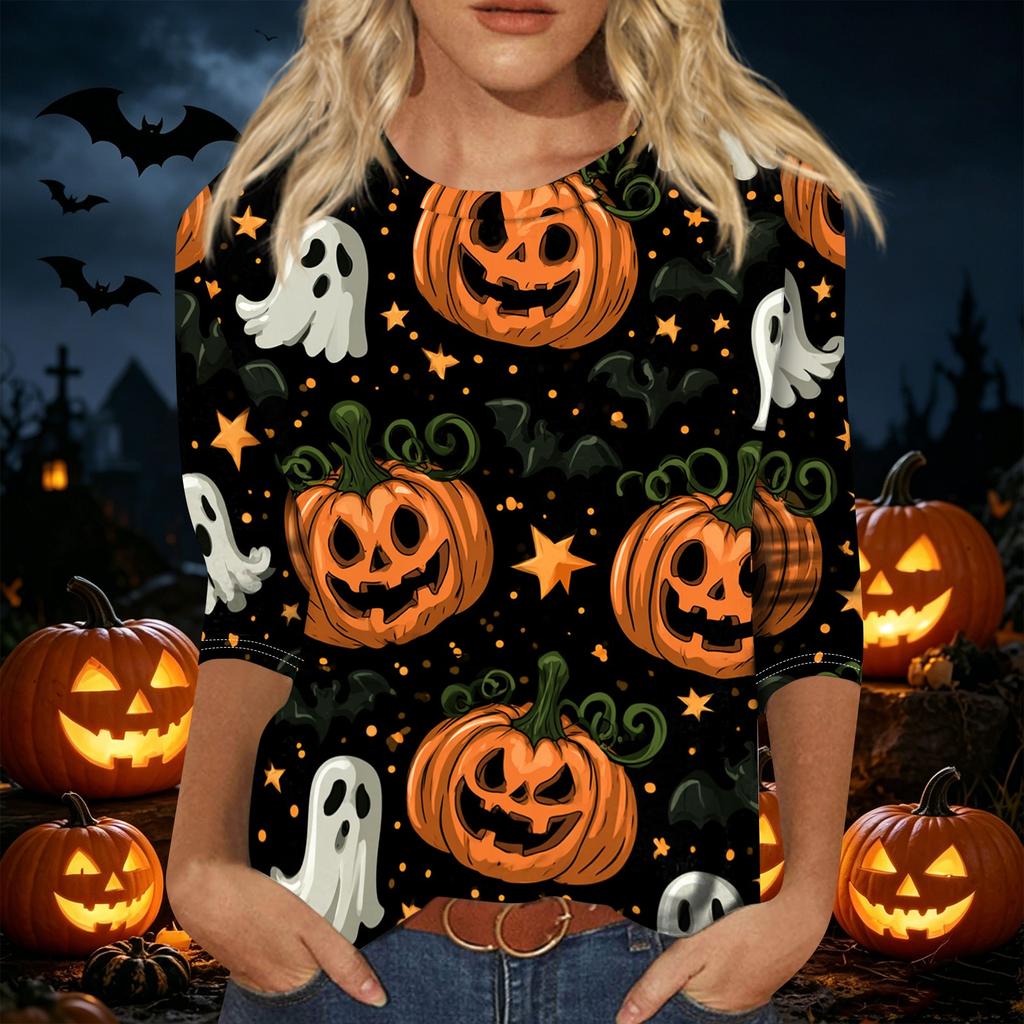 Women's Casual 3/4 Sleeve Halloween Print Pullover Top Crew Neck Lightweight Fall Shirt