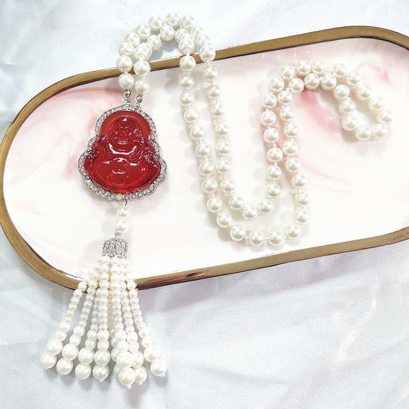 Luxury Imitation Chalcedony Buddha Sweater Chain Necklace - Autumn/Winter Fashionable Versatile Accessory for Women