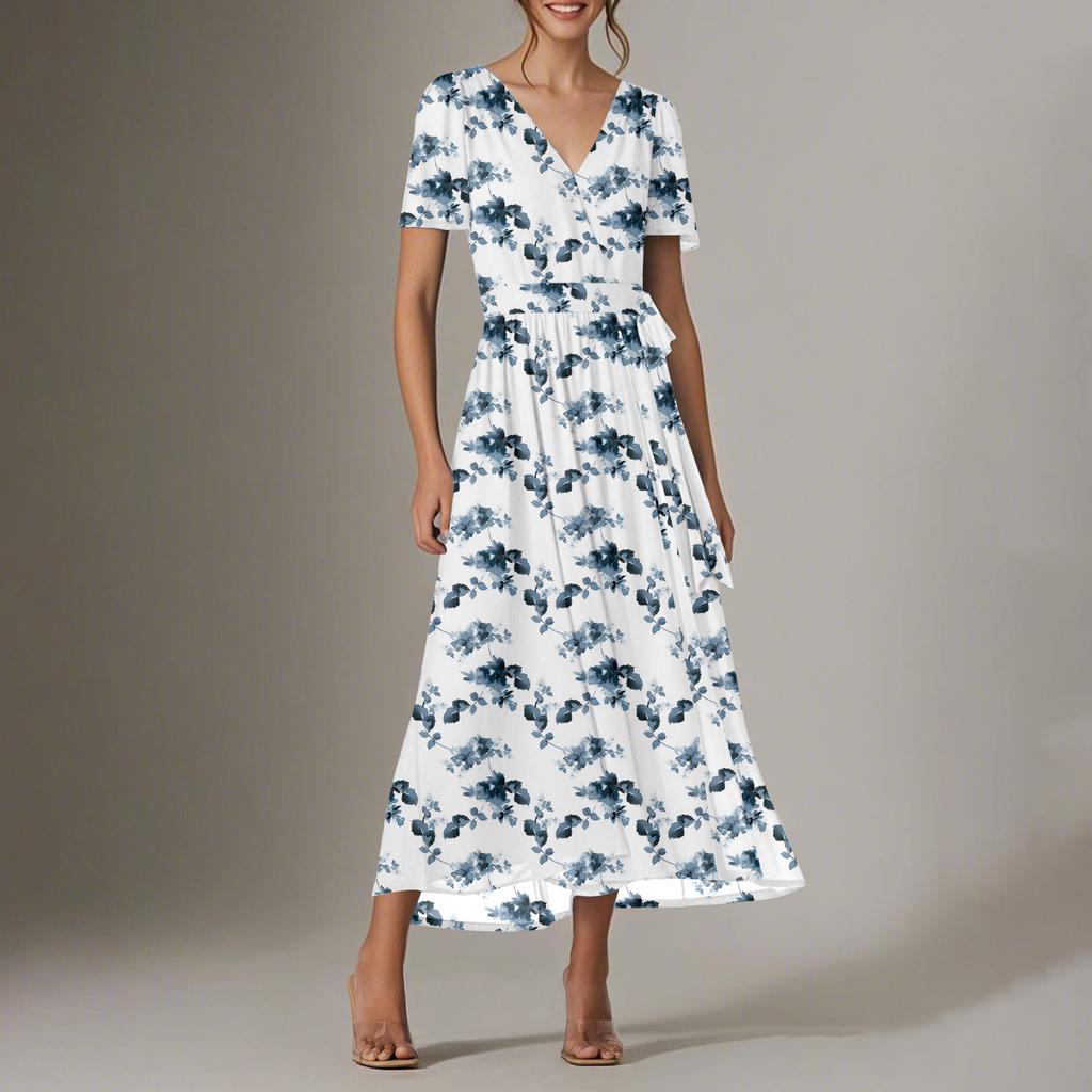 Women's Summer Floral Bohemian Dress Wrap V Neck Short Sleeves Ruffle A-Line Flowy Maxi Dress Summer Dresses For Women