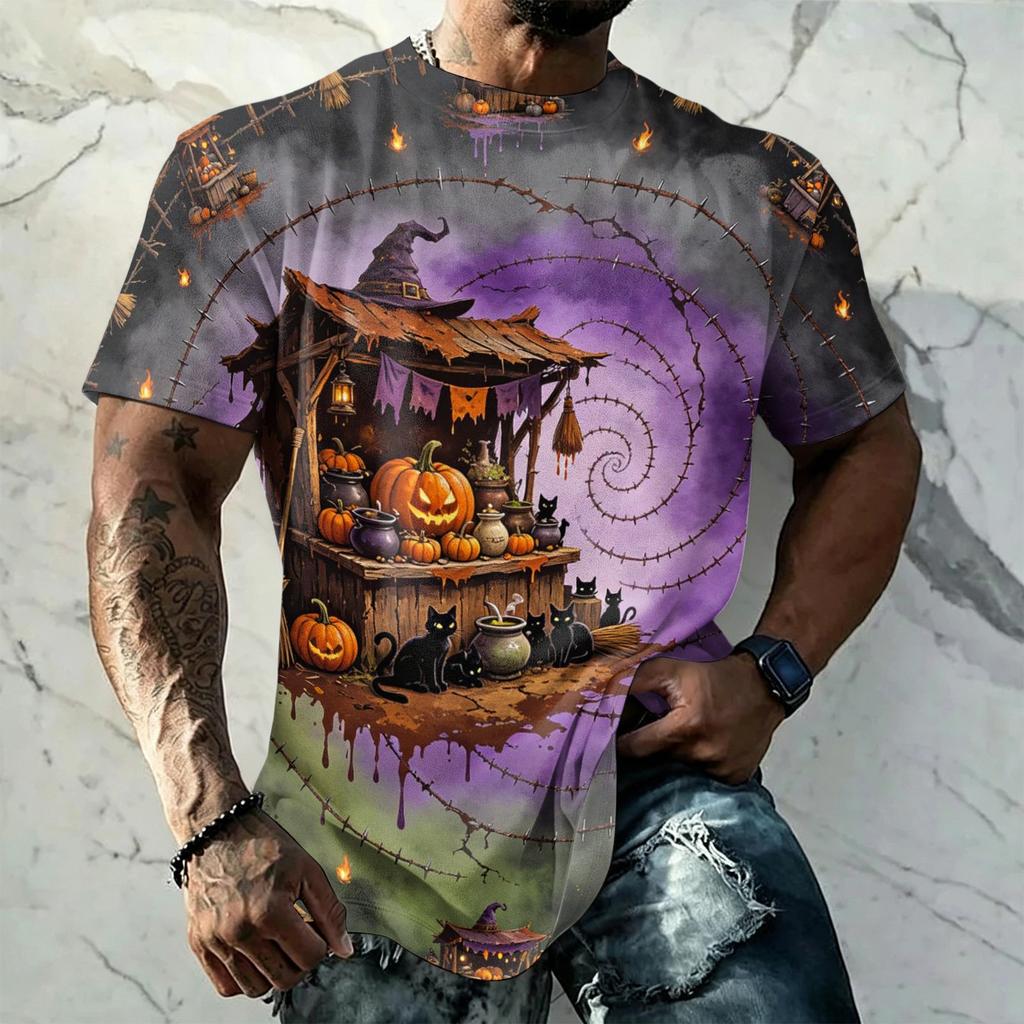 Men's Halloween Print Vintage Texture Short Sleeve T Shirt Loose Breathable Summer Sports Streetwear Casual Everyday Top