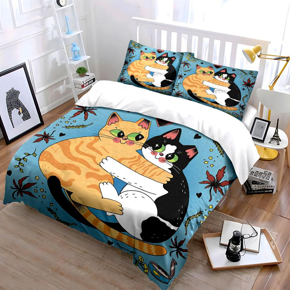 Cute Cats Hugging Floral Design Bedding Duvet Cover Set Duvet Cover Pillowcases (1*Duvet Cover 2*Pillowcases, Without Duvet Insert)