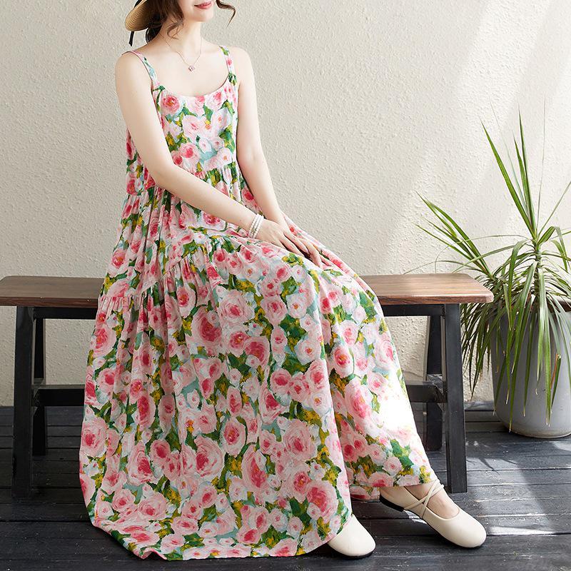 2025 Summer Cotton Linen Printed Patchwork Loose Long Suspender Dress with Slimming Large Hem